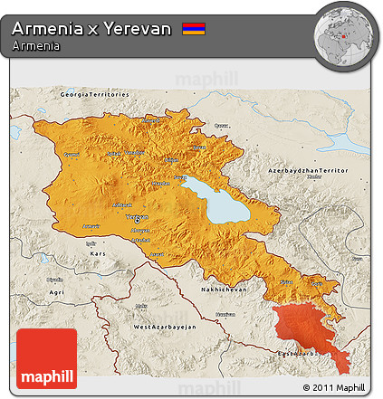 Political 3D Map of Armenia X Yerevan, shaded relief outside