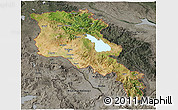 Satellite 3D Map of Armenia x Yerevan, darken, semi-desaturated