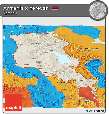 Shaded Relief 3D Map of Armenia X Yerevan, political outside