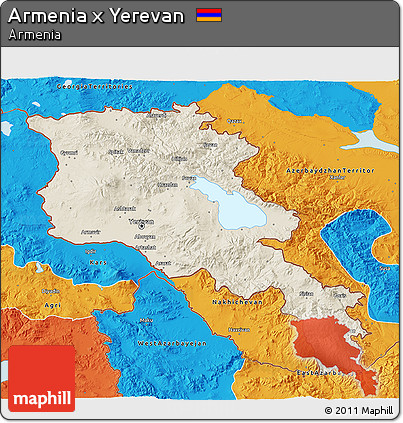 Shaded Relief 3D Map of Armenia X Yerevan, political outside