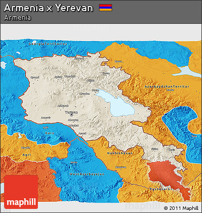 Shaded Relief 3D Map of Armenia X Yerevan, political outside