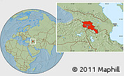 Savanna Style Location Map of Armenia x Yerevan, highlighted country, hill shading