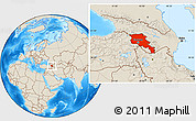 Shaded Relief Location Map of Armenia x Yerevan, highlighted country, within the entire country