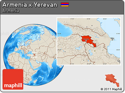 Shaded Relief Location Map of Armenia X Yerevan, highlighted country