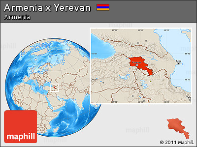 Shaded Relief Location Map of Armenia X Yerevan, highlighted country
