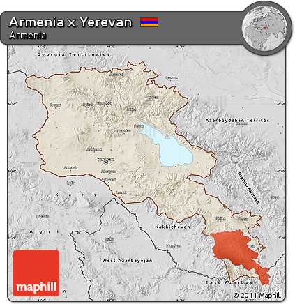 Shaded Relief Map of Armenia X Yerevan, desaturated