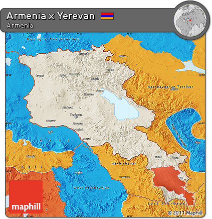 Shaded Relief Map of Armenia X Yerevan, political outside