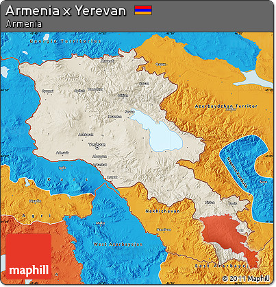 Shaded Relief Map of Armenia X Yerevan, political outside