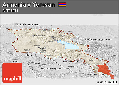 Shaded Relief Panoramic Map of Armenia X Yerevan, desaturated