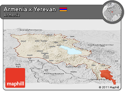 Shaded Relief Panoramic Map of Armenia X Yerevan, desaturated