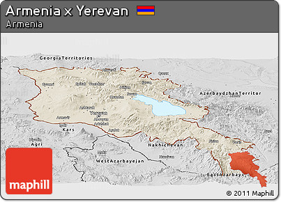 Shaded Relief Panoramic Map of Armenia X Yerevan, desaturated