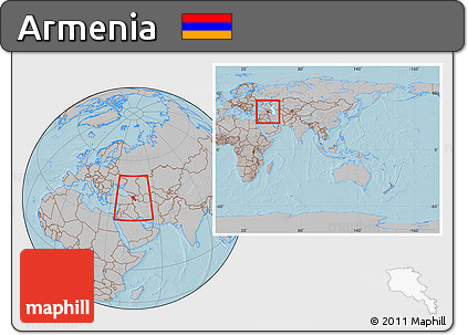 Gray Location Map of Armenia, within the entire continent, hill shading