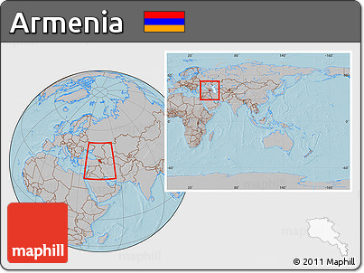 Gray Location Map of Armenia, within the entire continent, hill shading