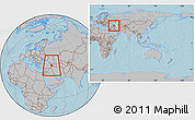 Gray Location Map of Armenia, within the entire continent, hill shading