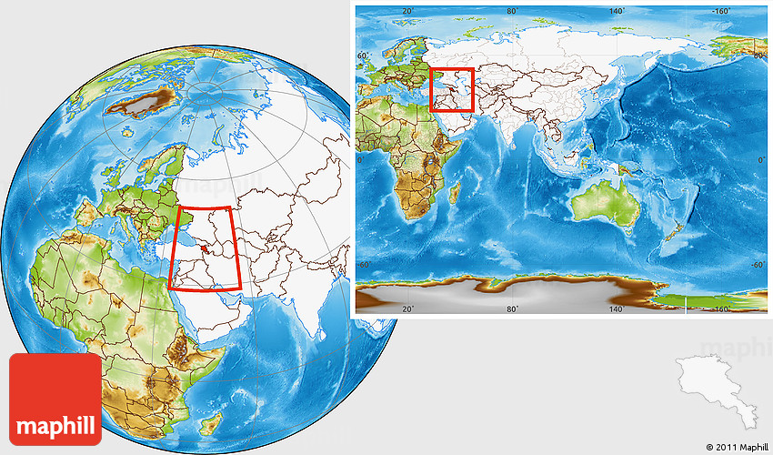 Physical Location Map of Armenia, highlighted continent, within the entire continent