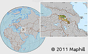 Satellite Location Map of Armenia, gray outside, hill shading