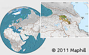 Satellite Location Map of Armenia, lighten, desaturated, land only