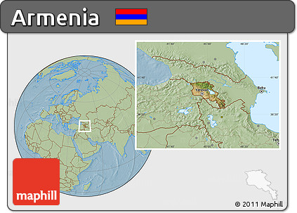 Satellite Location Map of Armenia, savanna style outside, hill shading