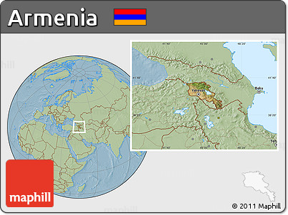 Satellite Location Map of Armenia, savanna style outside, hill shading