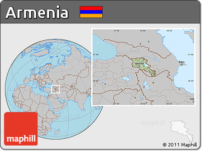 Savanna Style Location Map of Armenia, gray outside, hill shading inside