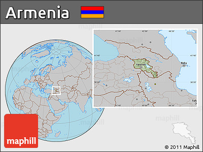 Savanna Style Location Map of Armenia, gray outside, hill shading inside