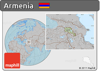 Savanna Style Location Map of Armenia, gray outside, hill shading