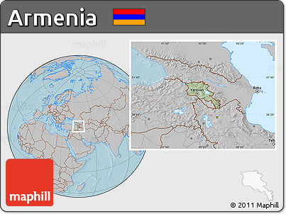 Savanna Style Location Map of Armenia, gray outside, hill shading