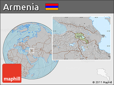 Savanna Style Location Map of Armenia, gray outside, hill shading