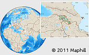 Savanna Style Location Map of Armenia, shaded relief outside, hill shading