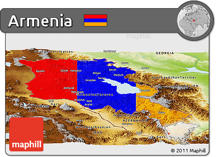 Flag Panoramic Map of Armenia, physical outside, flag rotated