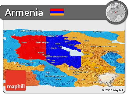 Flag Panoramic Map of Armenia, political outside, flag aligned to the middle
