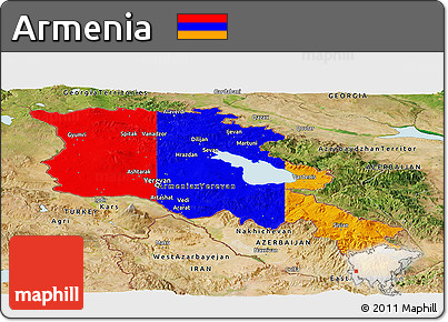 Flag Panoramic Map of Armenia, satellite outside, flag aligned to the middle