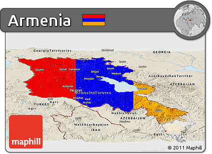 Flag Panoramic Map of Armenia, shaded relief outside, flag aligned to the middle