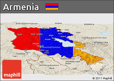 Flag Panoramic Map of Armenia, shaded relief outside, flag rotated
