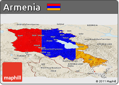 Flag Panoramic Map of Armenia, shaded relief outside, flag rotated