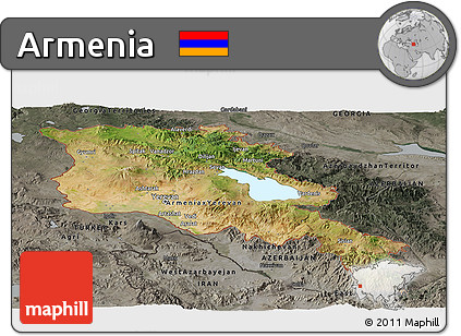 Satellite Panoramic Map of Armenia, darken, semi-desaturated