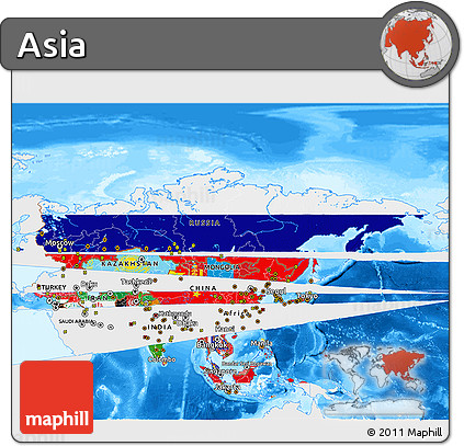 Flag 3D Map of Asia, single color outside, bathymetry sea