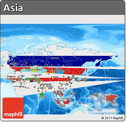Flag 3D Map of Asia, single color outside, bathymetry sea