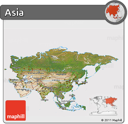 Satellite 3D Map of Asia, cropped outside
