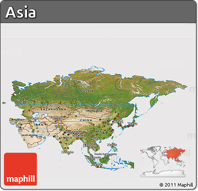 Satellite 3D Map of Asia, cropped outside