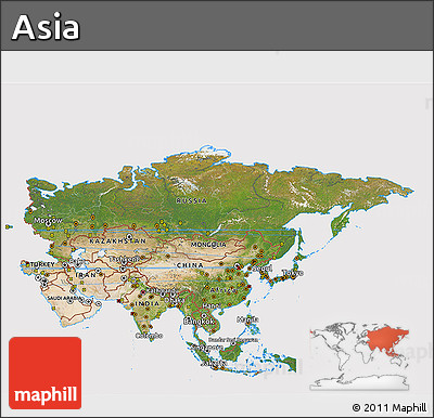 Satellite 3D Map of Asia, cropped outside