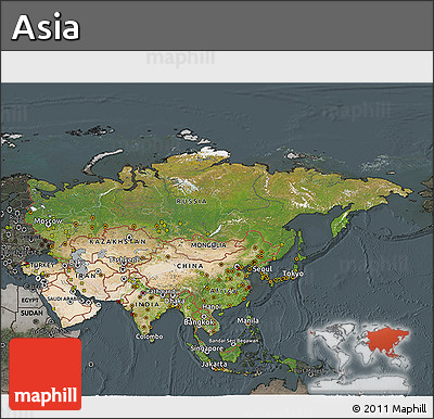 Satellite 3D Map of Asia, darken, semi-desaturated