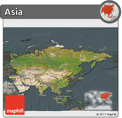 Satellite 3D Map of Asia, darken, semi-desaturated