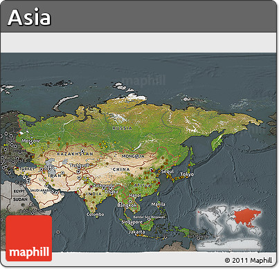 Satellite 3D Map of Asia, darken, semi-desaturated