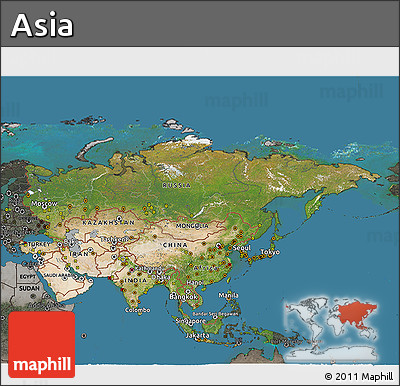 Satellite 3D Map of Asia, darken, semi-desaturated, land only