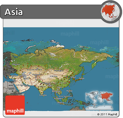 Satellite 3D Map of Asia, darken, semi-desaturated, land only