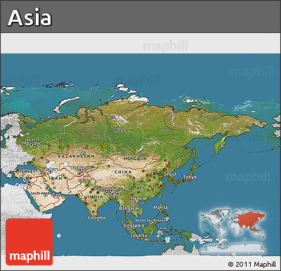 Satellite 3D Map of Asia, lighten, desaturated, land only