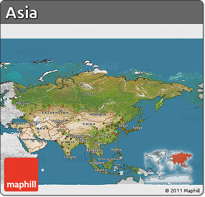 Satellite 3D Map of Asia, lighten, desaturated, land only