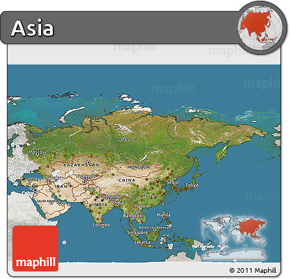 Satellite 3D Map of Asia, lighten, semi-desaturated, land only