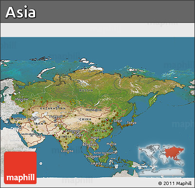 Satellite 3D Map of Asia, lighten, semi-desaturated, land only